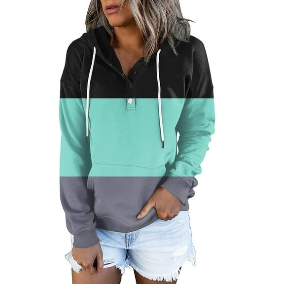 Xudanell Pullover Hoodies Long Sleeve with Drawstring Stitching Print Women Button Detail Hoodie Orange XXL