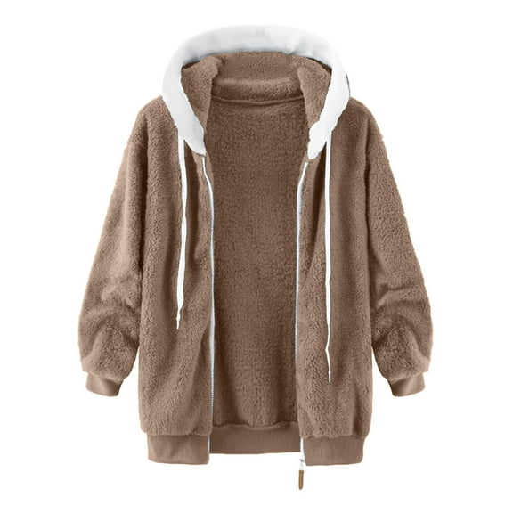 Xudanell Sherpa Jacket Women Fleece Jackets Coat Light Casual Fall Outerwear with Hood (Khaki,XL)