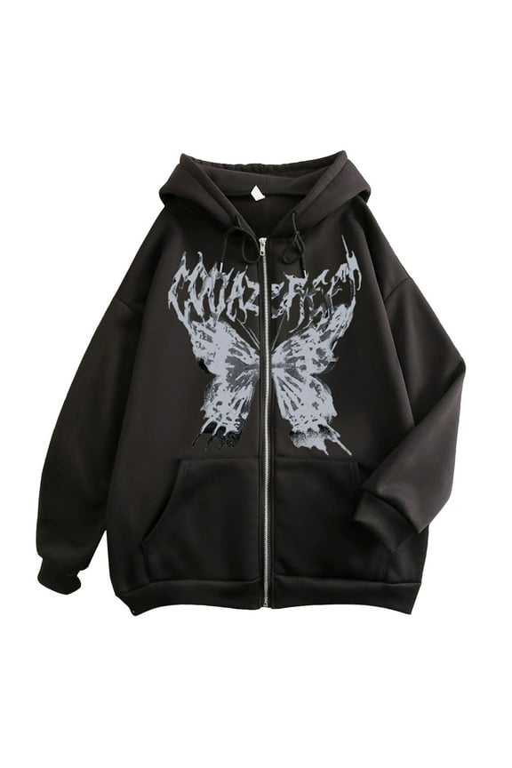 Skeleton Zip up Hoodie Women Butterfly Oversized Jacket Graphic Hoodie Sweatshirt Casual Black L