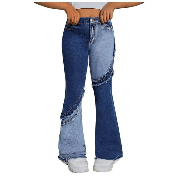 Xudanell Stretch Flare Jeans for Girls Versatile Splice Denim Pants Patchwork Sweatpants Casual Wear Elastic Waist Soft Jeans