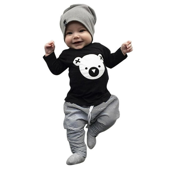Xudanell Suits for Boys Cartoon Koala TShirt Toddler Tops Boys Striped Pants Set Workout Clothes Black 6 Months