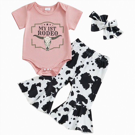 Xudanell Summer Outfits for Girls Cow Print Baby Girl Short Sleeve Romper Flared Bell Bottom Pants Bow Set Red 0-3 Months