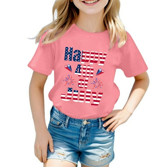 Xudanell Summer Tops for Teen 4th of July Girls Printed Toddler Girls Independence Clothes White Shirt Girls Pink 2-3 Years