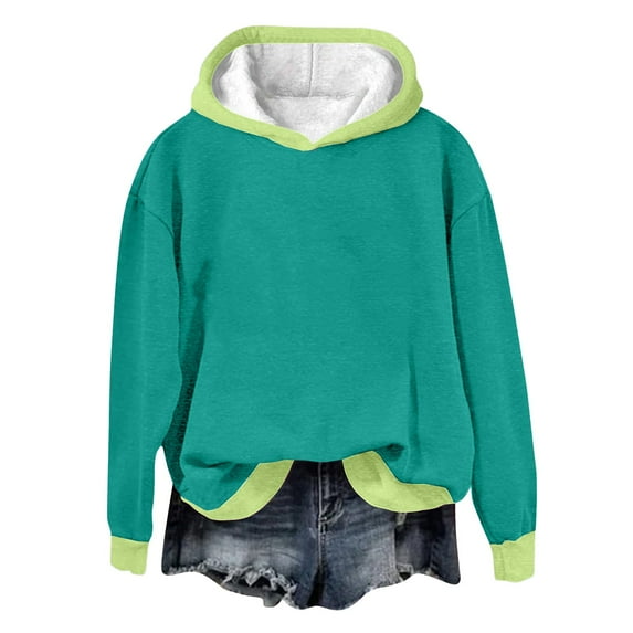 Xudanell Sweat Shirts for Womens Warm Pullover Top Color Block Sweatshirt Vintage Drop Shoulder Hoodie Oversized Mint Green XXL