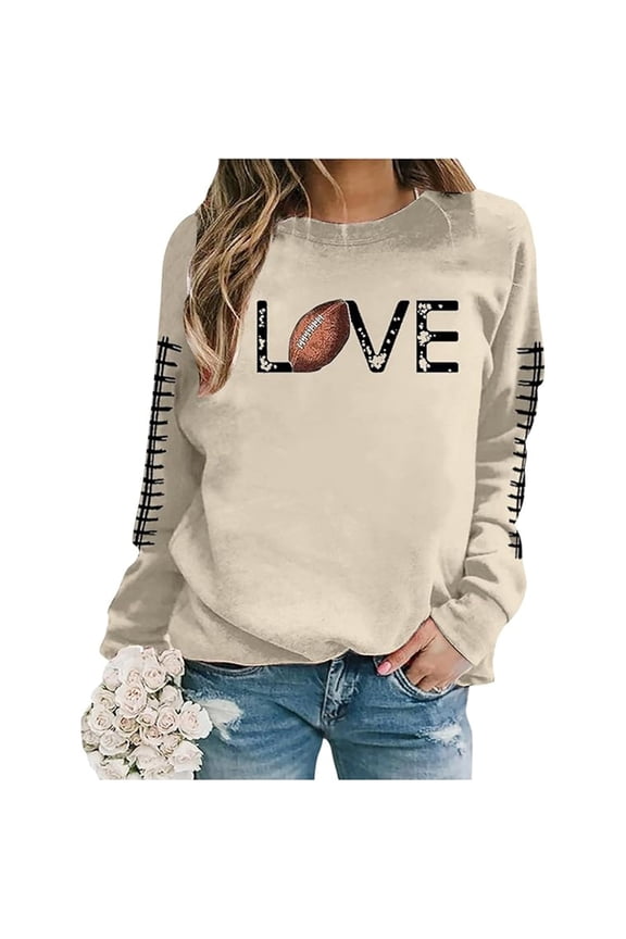 Sweaters for Women Hoodies Senior Shirt Graduation Football Print Blouse Workout Tops for Women Loose Fit Beige M