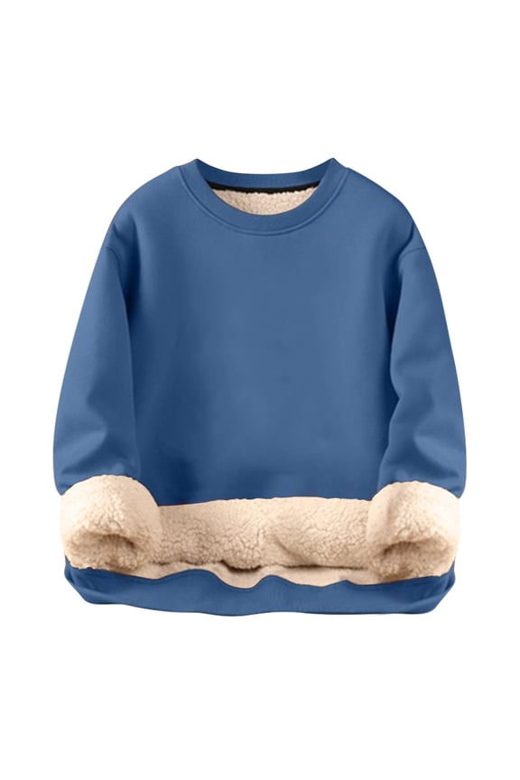 Sweaters for Women Thick Fleece Sweatshirt Lined Winter Velvet Warm O Neck Underwear Soft Tops Womens Blouse Blue XL