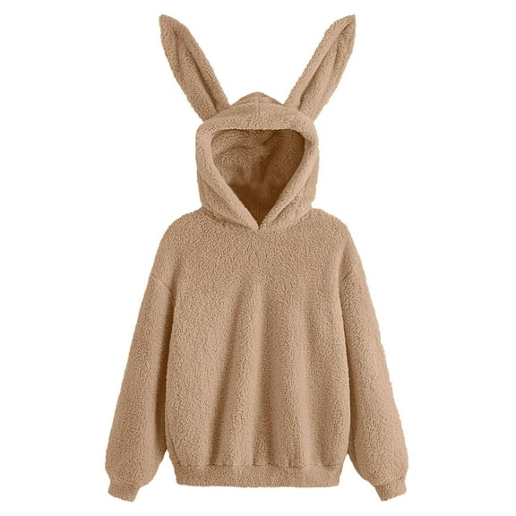 Xudanell Sweaters for Women Winter Casual Cute Solid Rabbit Ears Hoodie Sweatshirt Heavy Khaki M