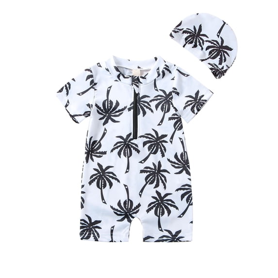 Xudanell Swim Trunks Boys Kid Boys Swimsuit Short Sleeve Zipper Baby Swimwear with Bucket Hat Cartoon Print