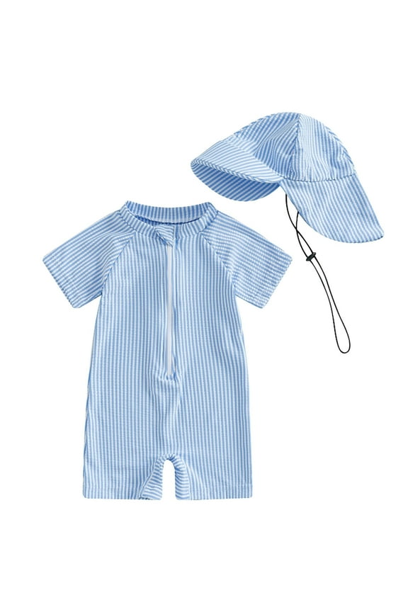 Swim Trunks Boys Kid Boys' UV Protection Swimsuit Short Sleeve Zipper Front Baby Swimwear with Bucket Hat Cartoon Striped Print Sizes 0 Month to 24 Month