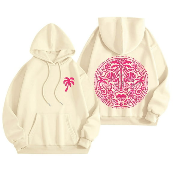 Xudanell Teen Girls Hoodie Coconut Tree Print Sweatshirt for Women Comfortable Loose Fit Light Sweaters for Women Beige XXL