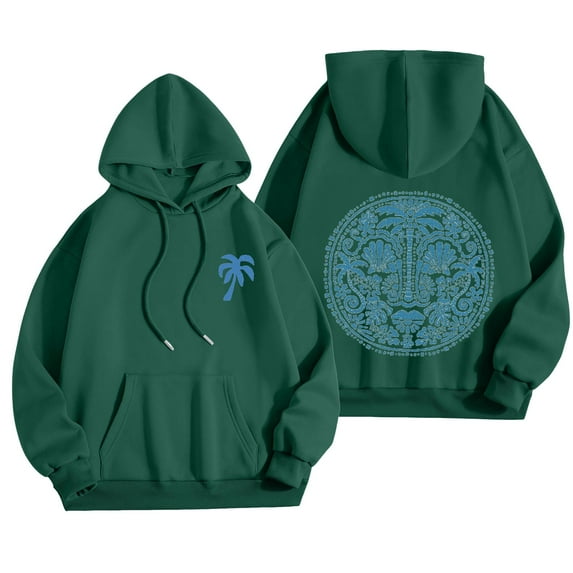 Xudanell Teen Girls Hoodie Coconut Tree Print Sweatshirt for Women Comfortable Loose Fit Light Sweaters for Women Dark Green L