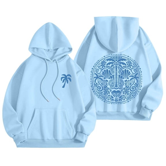 Xudanell Teen Girls Hoodie Coconut Tree Print Sweatshirt for Women Comfortable Loose Fit Light Sweaters for Women Sky Blue M