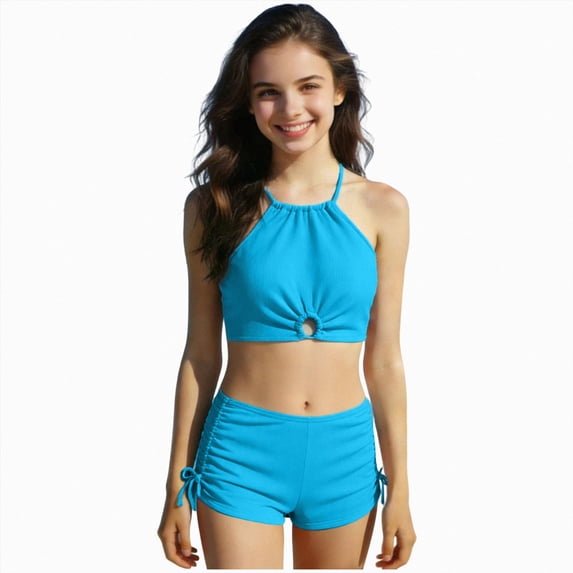 Xudanell Teen Girls Ruched 2 Piece Swimsuits Modest Tankini Top Boy Shorts Bottoms Sets Summer Bathing Suits Surfsuit (13-14 Years,Blue)