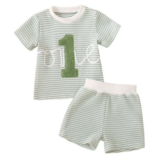 Xudanell Toddler Baby Boy Birthday Outfit One/Two Letter Embroidery T-shirt Jogger Shorts Waffle Summer Clothes (Green, 6-12M)