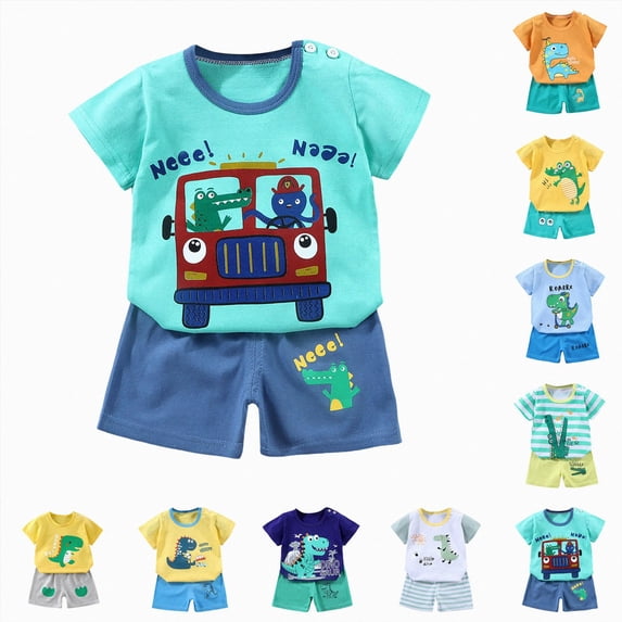 Xudanell Toddler Baby Boy Clothes 12 18 24 Month 2T 3T Summer Outfit Retro Farm Tractor Tee Shirts T-Shirt + Shorts Set Sky Blue for Size 7-8 Years