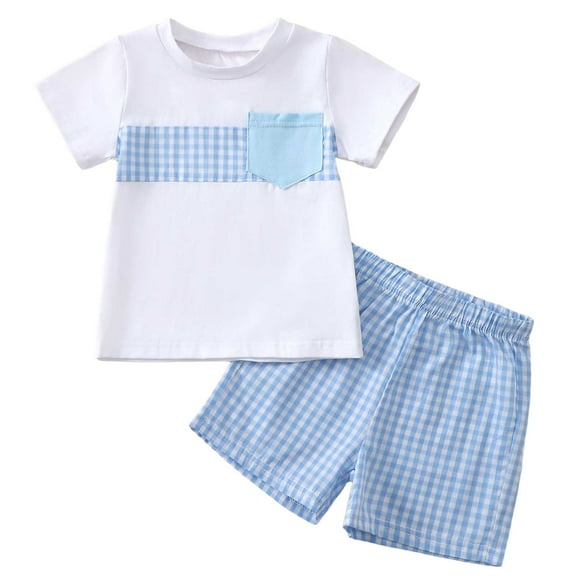 Xudanell Toddler Baby Boy Clothes Checkered Splicing Short Sleeve Set Shorts 2 Piece Outfit Set