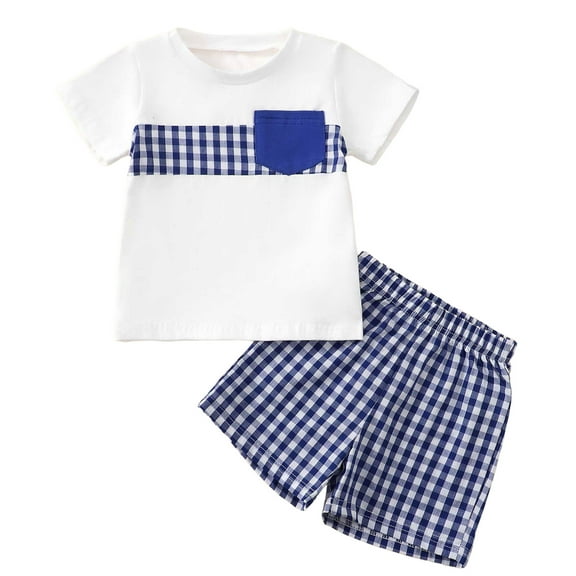 Xudanell Toddler Baby Boy Clothes Checkered Splicing Short Sleeve Set Shorts 2 Piece Outfit Set