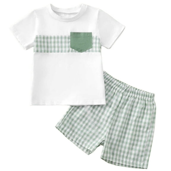Xudanell Toddler Baby Boy Clothes Checkered Splicing Short Sleeve Set Shorts 2 Piece Outfit Set