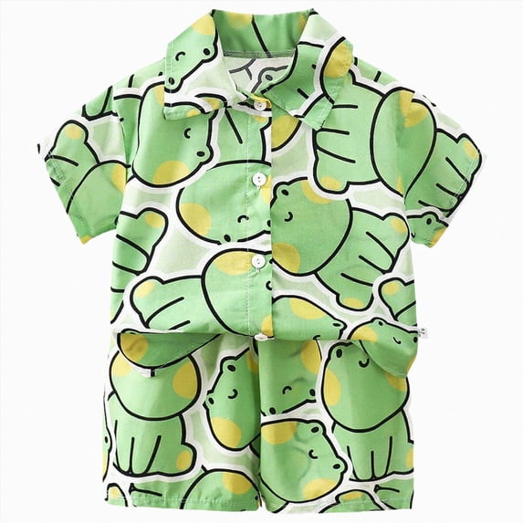 Xudanell Toddler Baby Boy Clothes Hawaiian Outfit Shorts Sets Printed Button Down Shirt and Shorts Summer Beach Clothes 1-5T (Green, 18-24 Months)