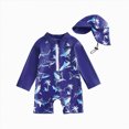 thumbnail image 1 of Xudanell Toddler Baby Boy Rash Guard Swimsuit Long Sleeve Zipper One Piece Bathing Suit with Hat Infant Beach Swimwear Dark Blue for Size 6-12 Months, 1 of 4