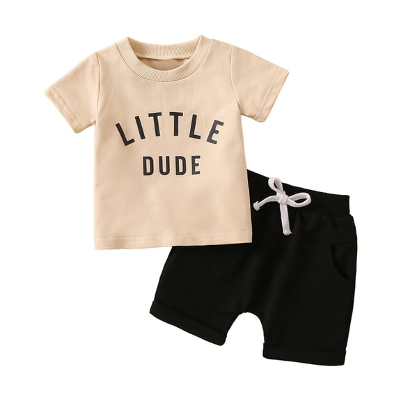 Xudanell Toddler Baby Boy Summer Clothes Cute Letter Print Short Sleeve T Shirt Tops and Stretch Shorts Playwear Outfits (Beige, 12-18 Months)