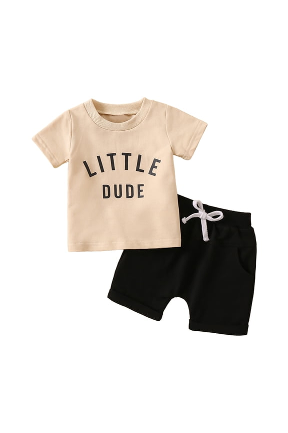 Toddler Baby Boy Summer Clothes Cute Letter Print Short Sleeve T Shirt Tops and Stretch Shorts Playwear Outfits (Beige, 12-18 Months)