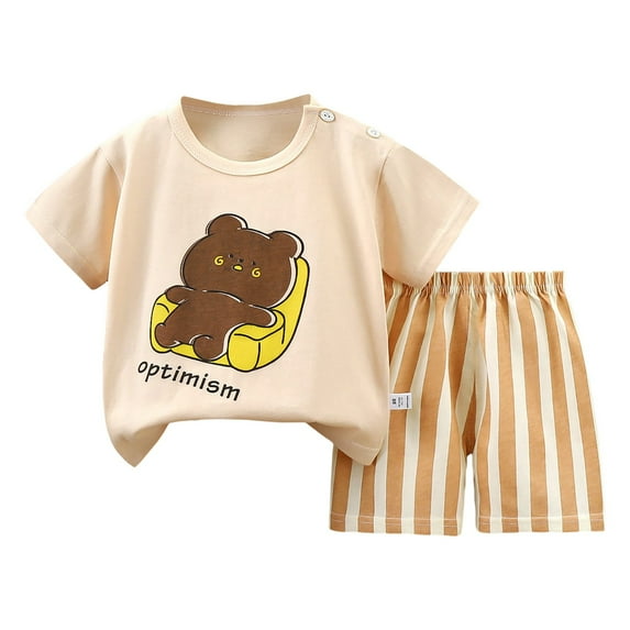Xudanell Toddler Baby Boy Summer Clothes Short Sleeve Farm Tractor Print T-Shirt Tops Joggers Shorts Set 2Pcs Casual Outfit (Khaki, 12-18 Months)