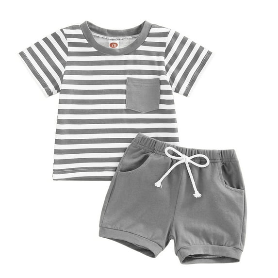Xudanell Toddler Baby Boy Summer Clothes Short Sleeve T Shirt Shorts Set Boy Stripe Casual Outfit 6 12 18 24 Months (Grey, 2-3 Years)