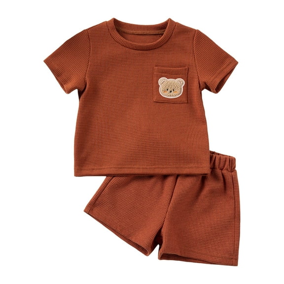 Xudanell Toddler Baby Boy Summer Outfit Lion Embroidered Short Sleeve T-Shirt Tops Pockets Shorts Waffle Knit Clothes Set (Wine, 9-12 Months)