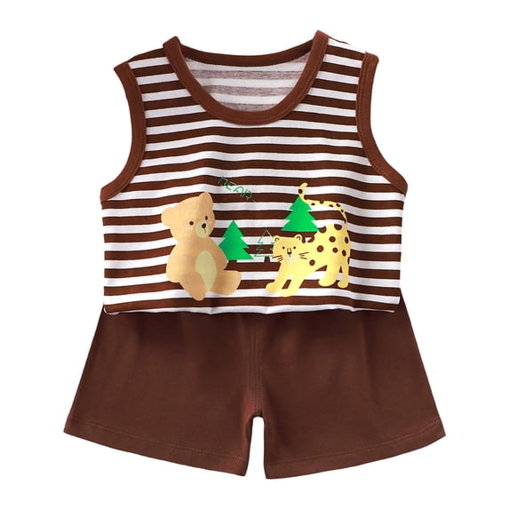 Xudanell Toddler Baby Boy Summer Outfits Short Sleeve Embroidered T Shirt Tees + Striped/Plaid Shorts Clothes Set (Brown, 9-18 Months)