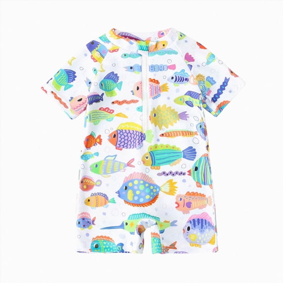 Xudanell Toddler Baby Boys Swimsuit One Piece Rash Guard Bathing Suit Sun Protection Short Sleeve Zipper Beach Shark Swimwear White for Size 2-3 Years