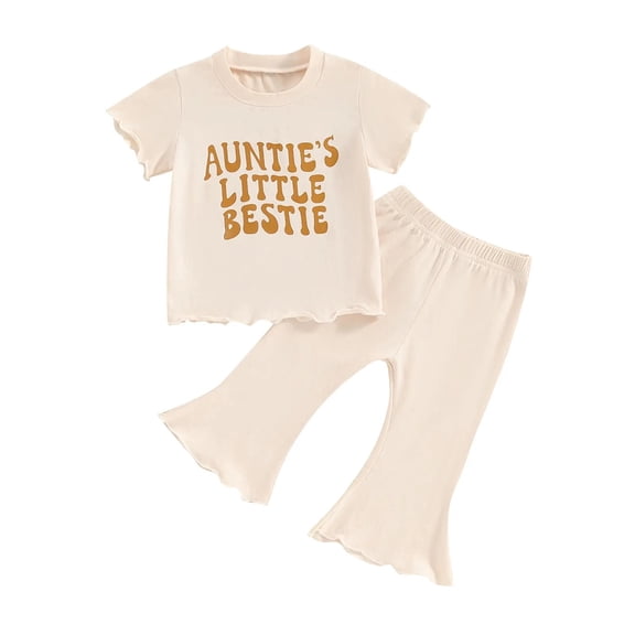 Xudanell Toddler Baby Girl Birthday Outfit Ruffle Ribbed Knit Short Sleeve T-Shirts Tops Flare Pants Cute 2 Piece Clothes Set (Beige, 3-4 Years)