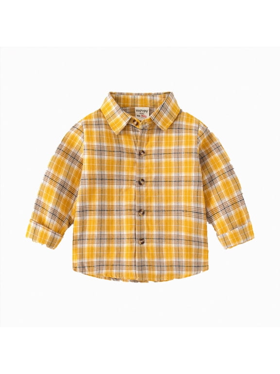 Toddler Baby Girls Flannel Plaid Shirt Tartan Jacket Boys Long Sleeve Button Down Lapel Blouse Casual Buffalo Check Coat (Yellow,18-24 Months)