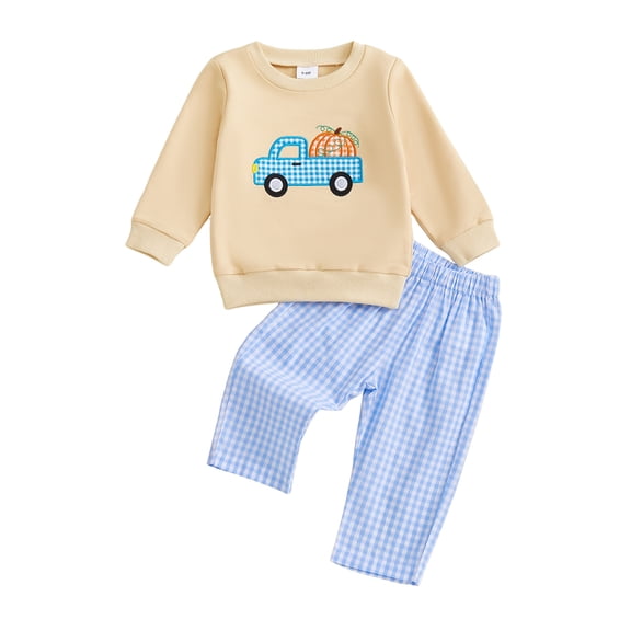 Xudanell Toddler Baby Halloween Outfit Car Printed Preemie Clothes Boys Crewneck Sweatshirt Plaid Trousers Set
