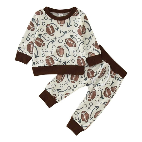 Xudanell Toddler Boy Clothes Boys All Over Print Set Graphic T-Shirt Rugby Football Prints Pullover Tops Stretch Pants Outfits 3-6 Months Brown