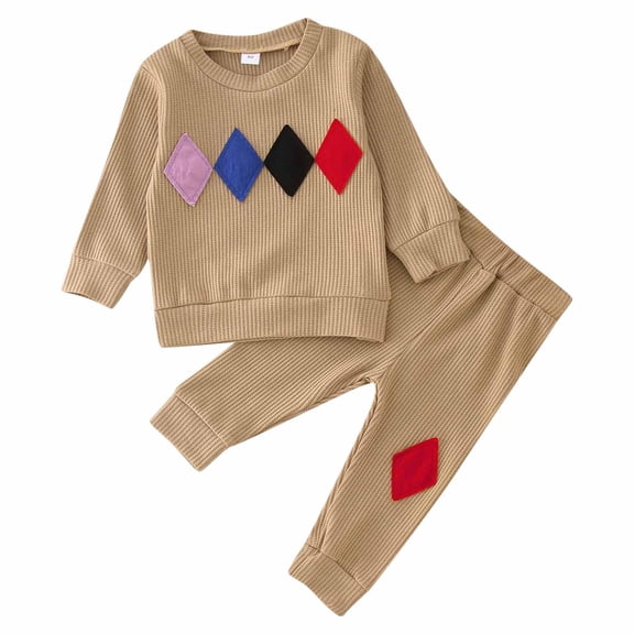 Xudanell Toddler Boy Clothes Casual Waffle Top Pullover Diamond Print Pattern 12 Month Boy Clothes Cool Boy Outerwear 6-12 Months Khaki