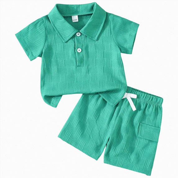 Xudanell Toddler Boy Outfit Button Down Shirt Short Sleeve Tops Elastic Waist Shorts Solid Baby Clothes Summer Outfits (Green, 2-3 Years)