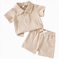 thumbnail image 1 of Xudanell Toddler Boy Outfit Button Down Shirt Short Sleeve Tops Elastic Waist Shorts Solid Baby Clothes Summer Outfits (Khaki, 12-18 Months), 1 of 9