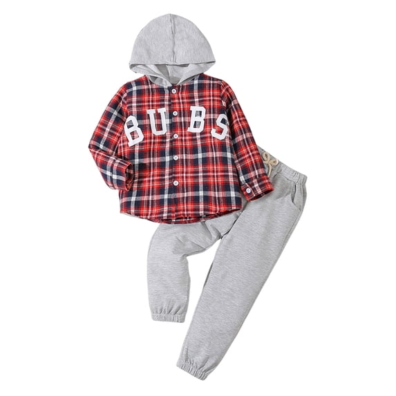 Xudanell Toddler Boy Outfits Checkered Hoodie Pants Baby Boys Clothes Set Button Cute Outfits Sportswear Set Red 5-6 Years