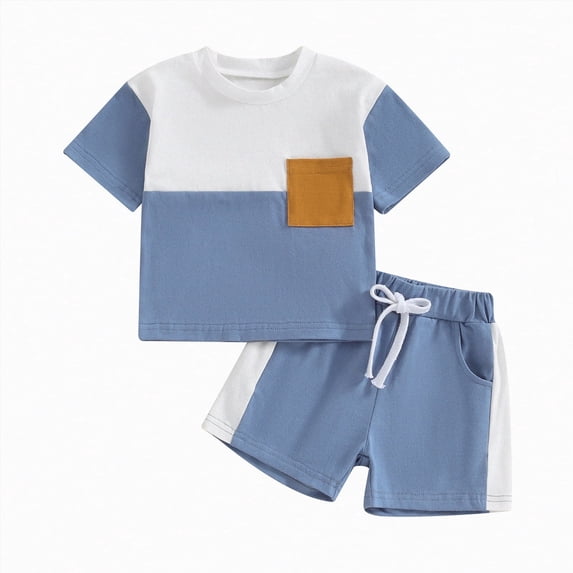 Xudanell Toddler Boy Outfits Color Block Summer 3-6 Month Boy Clothes Casual Pocket Crew Neck Pullover Shorts Suit