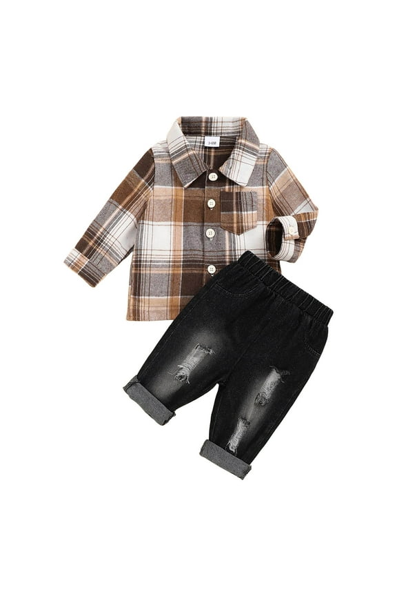 Toddler Boy Outfits Jeans Outfits Kids Plaid Shirt Jeans Suit for Fall Outfits Baby Boy Clothes Khaki 6-9 Months