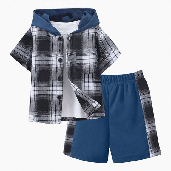 Xudanell Toddler Boy Outfits Plaid Color Block Hooded Short Sleeve Cotton Shirt Stretch Waist Casual Summer Shorts Two Piece Playwear Clothes For Baby Infant Blue 8-9 Years
