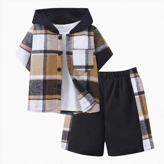 Xudanell Toddler Boy Outfits Plaid Color Block Hooded Short Sleeve Cotton Shirt Stretch Waist Casual Summer Shorts Two Piece Playwear Clothes For Baby Infant Khaki 8-9 Years