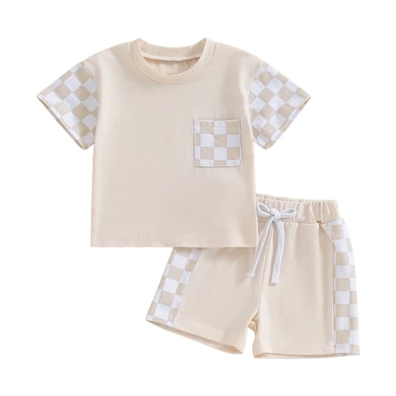 Xudanell Toddler Boy Summer Clothes Color Blocking Plaid Set Stretch Shorts Boy Summer Set Baby Boy Outfits Beige 12-18 Months