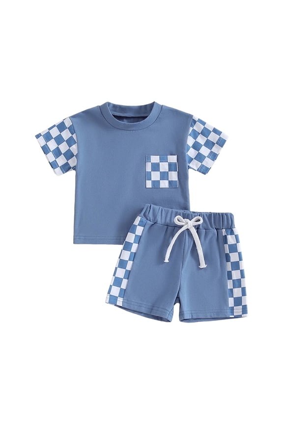 Toddler Boy Summer Clothes Color Blocking Plaid Set Stretch Shorts Boy Summer Set Baby Boy Outfits Blue 18-24 Months