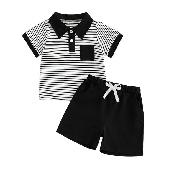 Xudanell Toddler Boy Summer Clothes Striped Short Sleeve Button Shirt Tops Solid Shorts Set 2Pcs Casual Outfit with Pockets (Black, 12-18 Months)