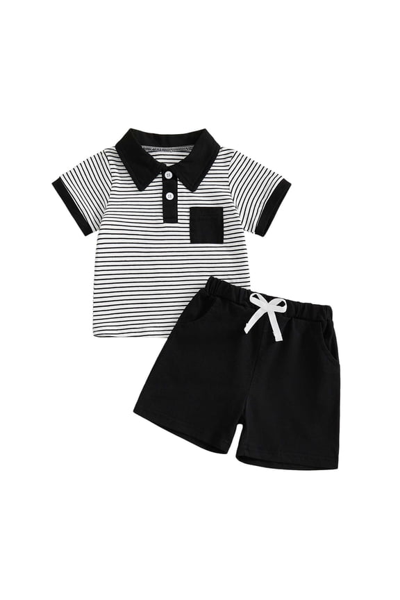 Toddler Boy Summer Clothes Striped Short Sleeve Button Shirt Tops Solid Shorts Set 2Pcs Casual Outfit with Pockets (Black, 18-24 Months)