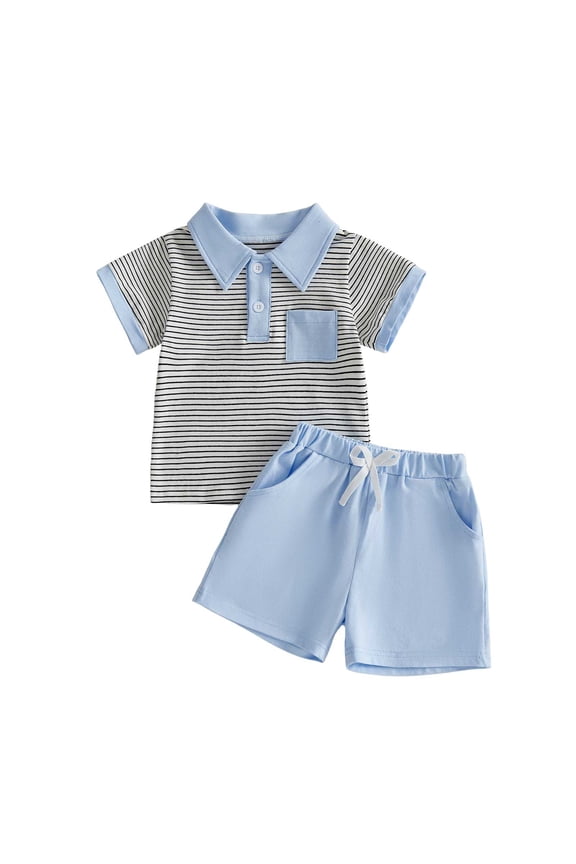 Toddler Boy Summer Clothes Striped Short Sleeve Button Shirt Tops Solid Shorts Set 2Pcs Casual Outfit with Pockets (Blue, 2-3 Years)