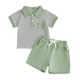 thumbnail image 1 of Xudanell Toddler Boy Summer Clothes Striped Short Sleeve Button Shirt Tops Solid Shorts Set 2Pcs Casual Outfit with Pockets (Green, 12-18 Months), 1 of 6
