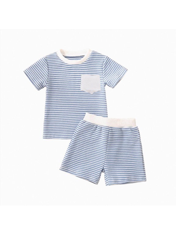 Toddler Boy Summer Outfits Infant Simple Elastic Waist Outfit Boys Solid Color Patch Pocket T Shirt Shorts Set Daily Wear Blue 18-24 Months